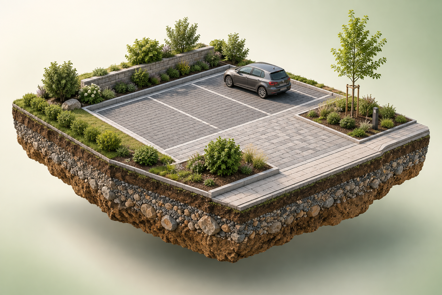 Erdinsel-Illustration eines kleinen gepflasterten Parkplatzes mit Wegen und Grünflächen.