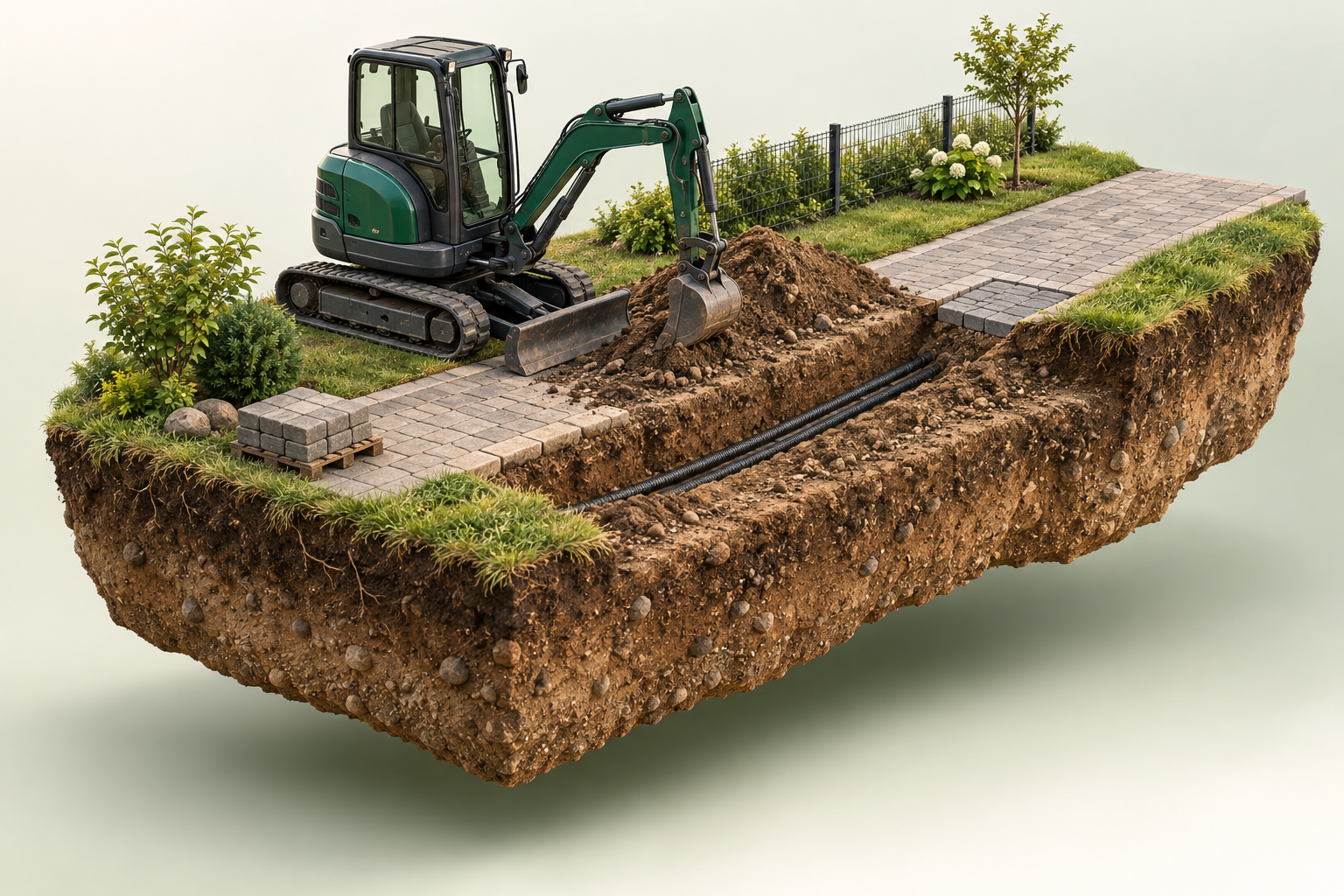 Erdinsel-Illustration eines kleinen Kabelgrabens mit Minibagger und Pflasterweg.
