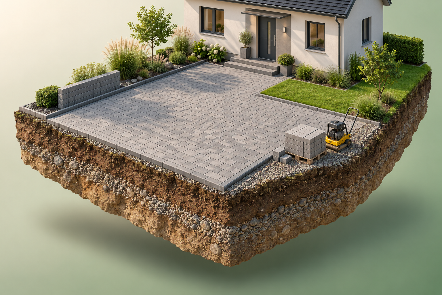 Erdinsel-Illustration einer gepflasterten Hauseinfahrt mit begrünten Rändern und sichtbarem Bodenaufbau.